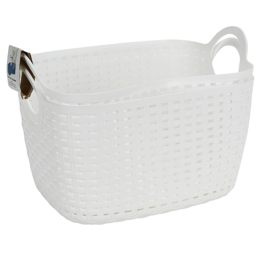 Medium Plastic White Storage Baskets with Handles, 2-Count