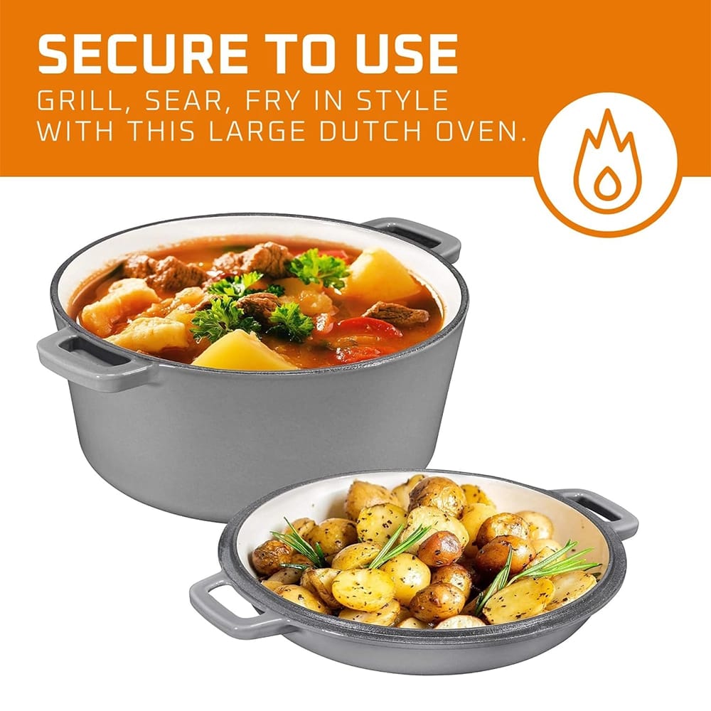 Bruntmor 2-in-1 5-Quart Enamel Cast Iron Double Dutch Oven Set, Gray