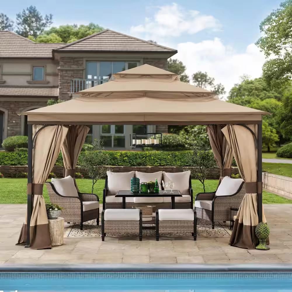 13' x 13' Soft Top Gazebo with Netting and Curtains, Brown