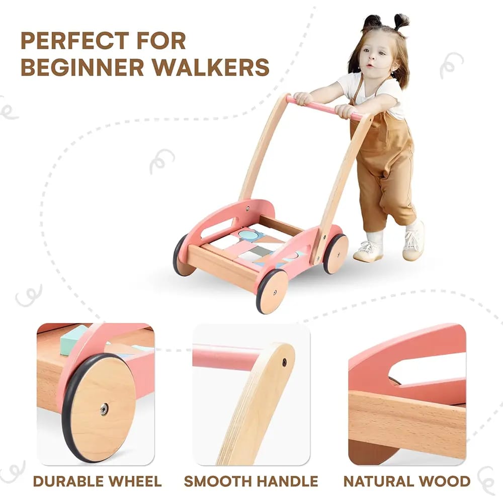 Childlike Behavior Wooden Baby Push Walker with Wheels, Pink