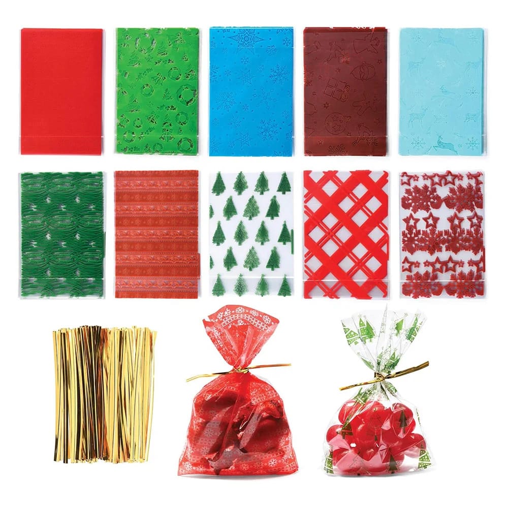 Prextex Christmas Themed Cellophane Bags with Gold Ties, 200 Pack