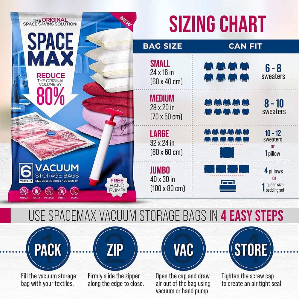 SPACE MAX Premium Space Saver Vacuum Storage Bags, Jumbo Size, 6-Pack