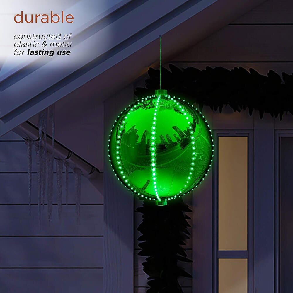 Alpine 13" Large Hanging Christmas Ball Ornament with 240 Warm White Chasing LED Lights & 6 Light Effects, Green