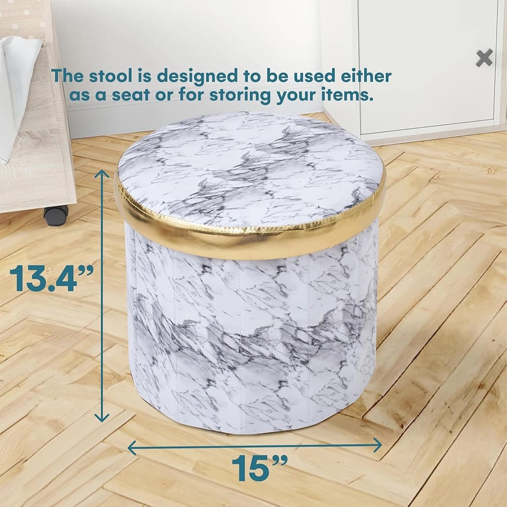 Round Footstool with Storage, White Marble