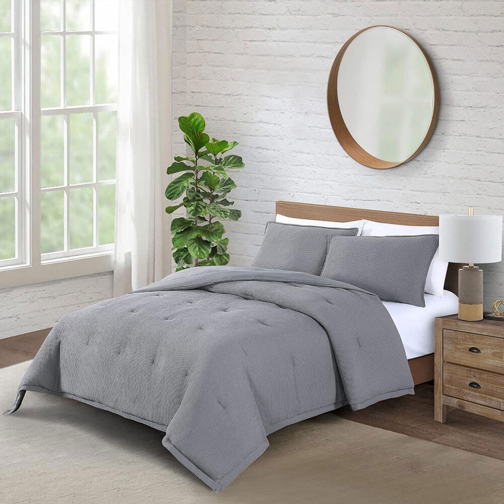 WellBeing by Sunham Waffle Weave 3-Piece Comforter Set, King, Charcoal