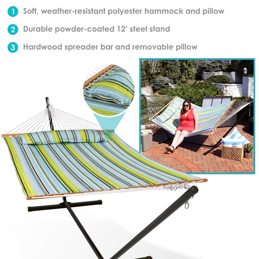 Sunnydaze 2-Person Outdoor Hammock with Stand, Blue/Green Stripe