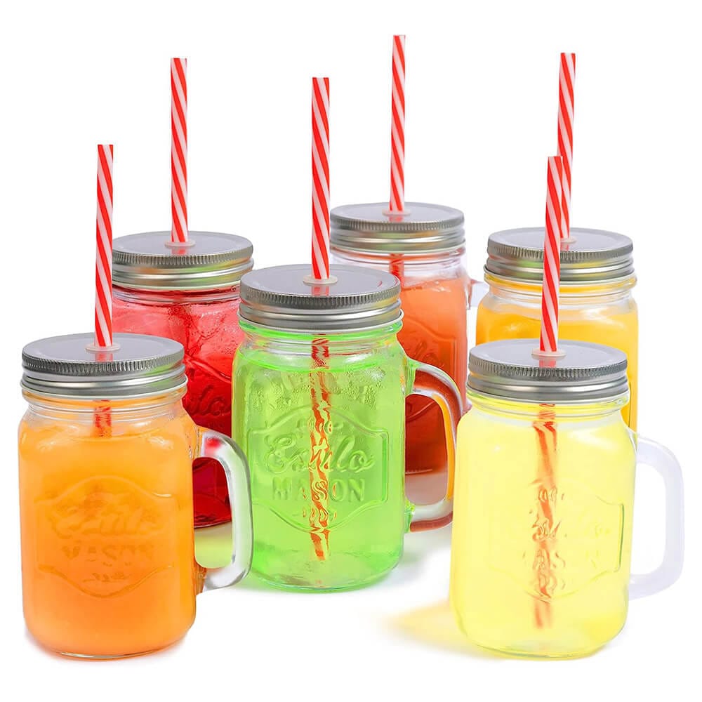 Estilo Glass Mason Jars with Handles, Lids, & Straws, 16 oz, Set of 6