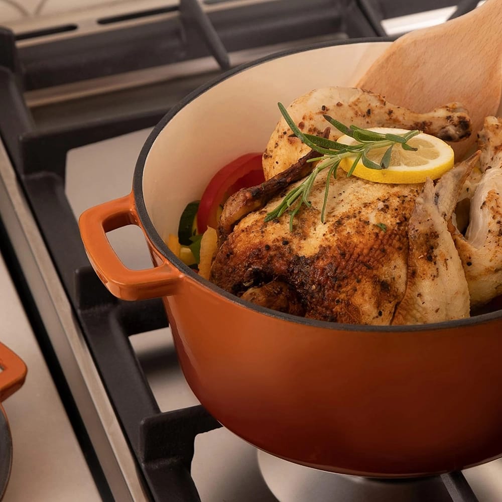 Bruntmor 2-in-1 5-Quart Enamel Cast Iron Double Dutch Oven Set, Pumpkin Spice