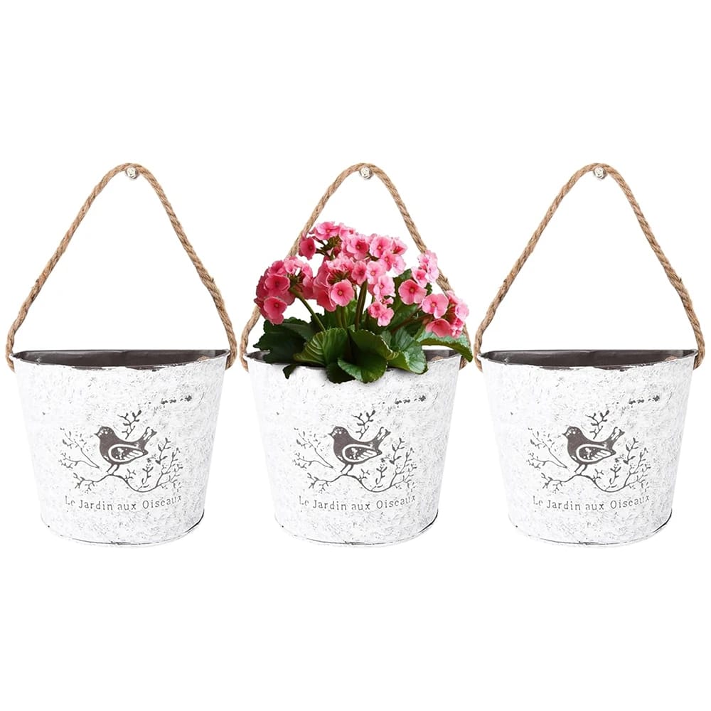 Window Garden Galvanized Flower Buckets, White, Set of 3