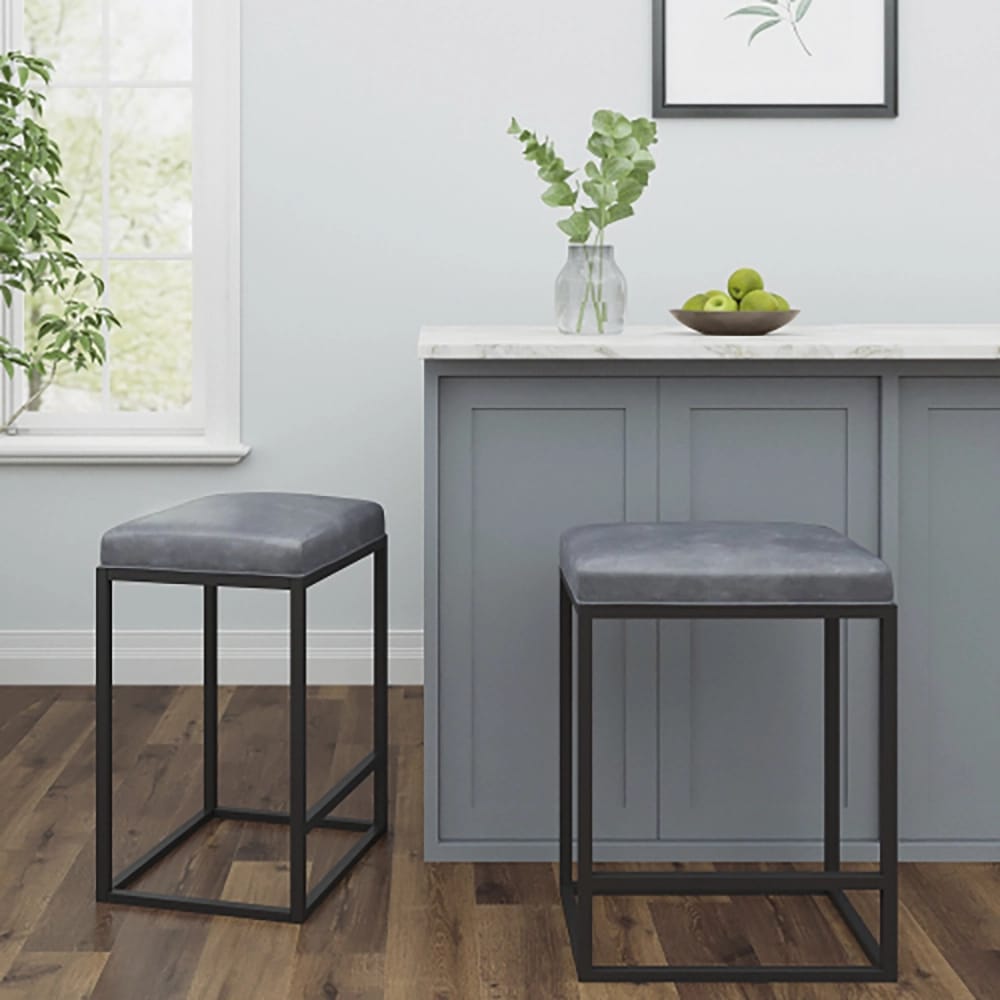 Riley Faux Leather Metal Bar Stools, Gray, Set of 2
