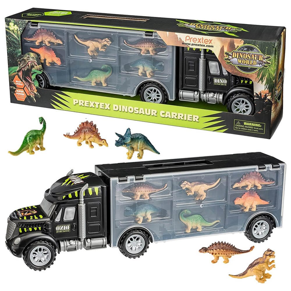 Prextex 16" Dinosaur Truck Carrier Playset with Mini Plastic Dinosaurs, 7 Piece