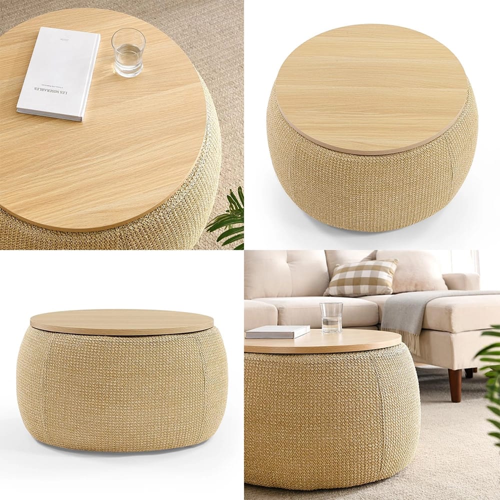 Round Storage Ottoman, Natural