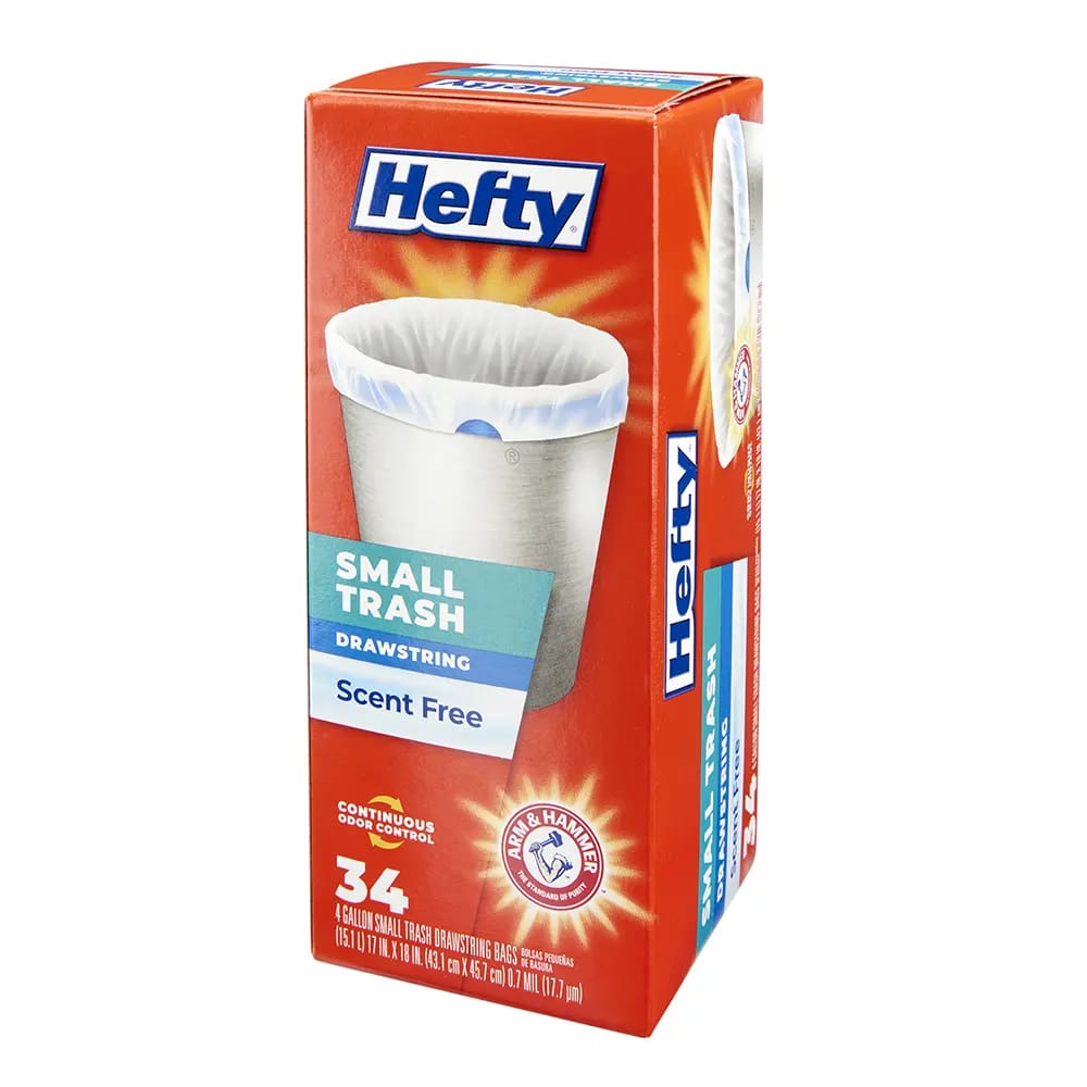 Hefty Small Trash Scent Free 4 Gallon Drawstring Trash Bags, 34 Count