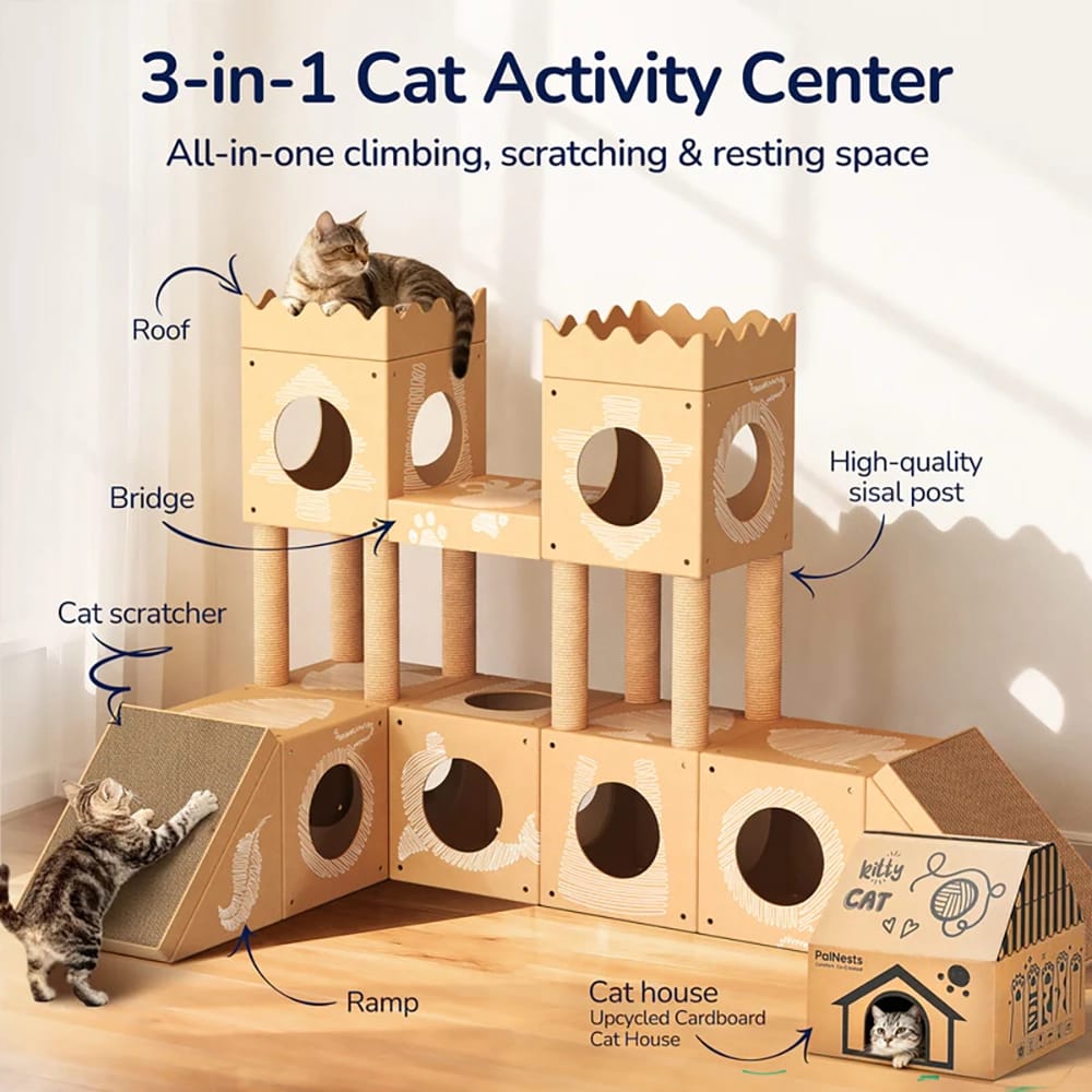 PalNests Large 3-in-1 Modular Cardboard Cat Tree & Scratcher House, Nature