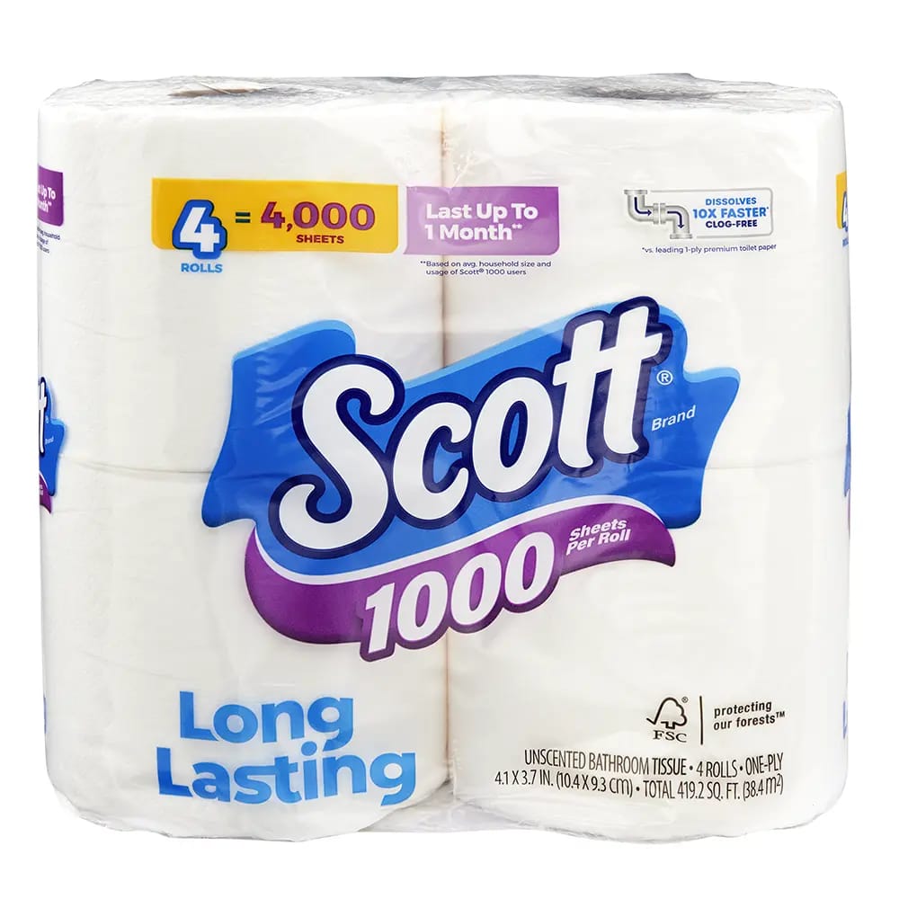 Scott Long Lasting 1,000 Sheets Per Roll Bath Tissue, 4 Rolls