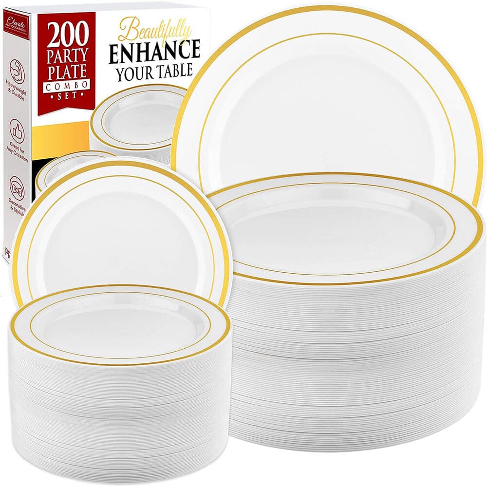 Prestee 200-Piece Party Plate Combo Set, White/Gold