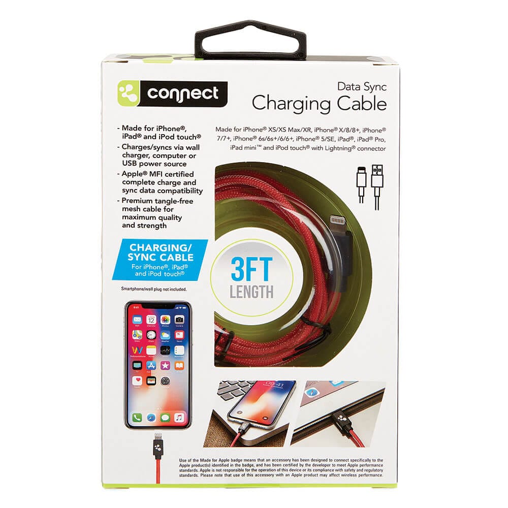 Connect Red Data Sync Lightning Charging Cable, 3'