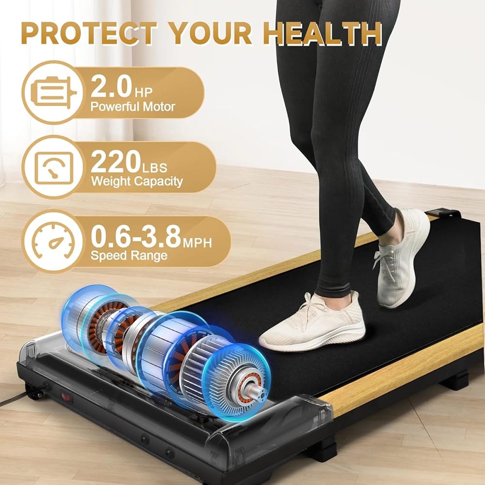 ElseLuck Walking Pad Treadmill, Black/Wooden Yellow