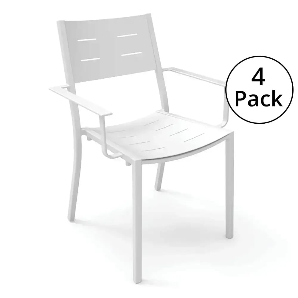 Maiori Aluminum Impression Stackable Outdoor Dining Arm Chair, Blanc, 4 Pack