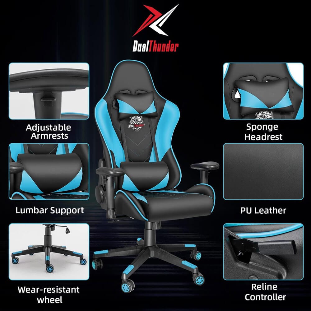 DualThunder Ergonomic High Back Gaming Chair, Blue/Black