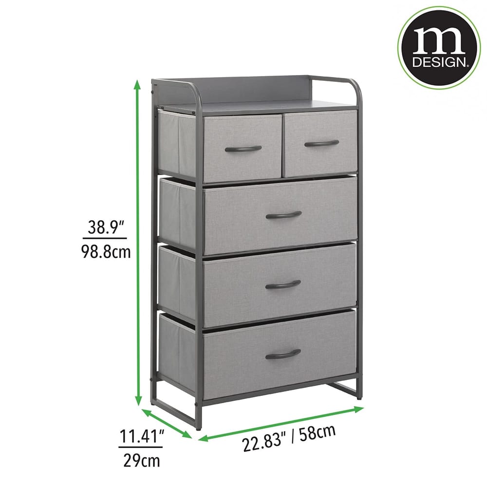 mDesign 5 Drawer Tall Dresser, Gray