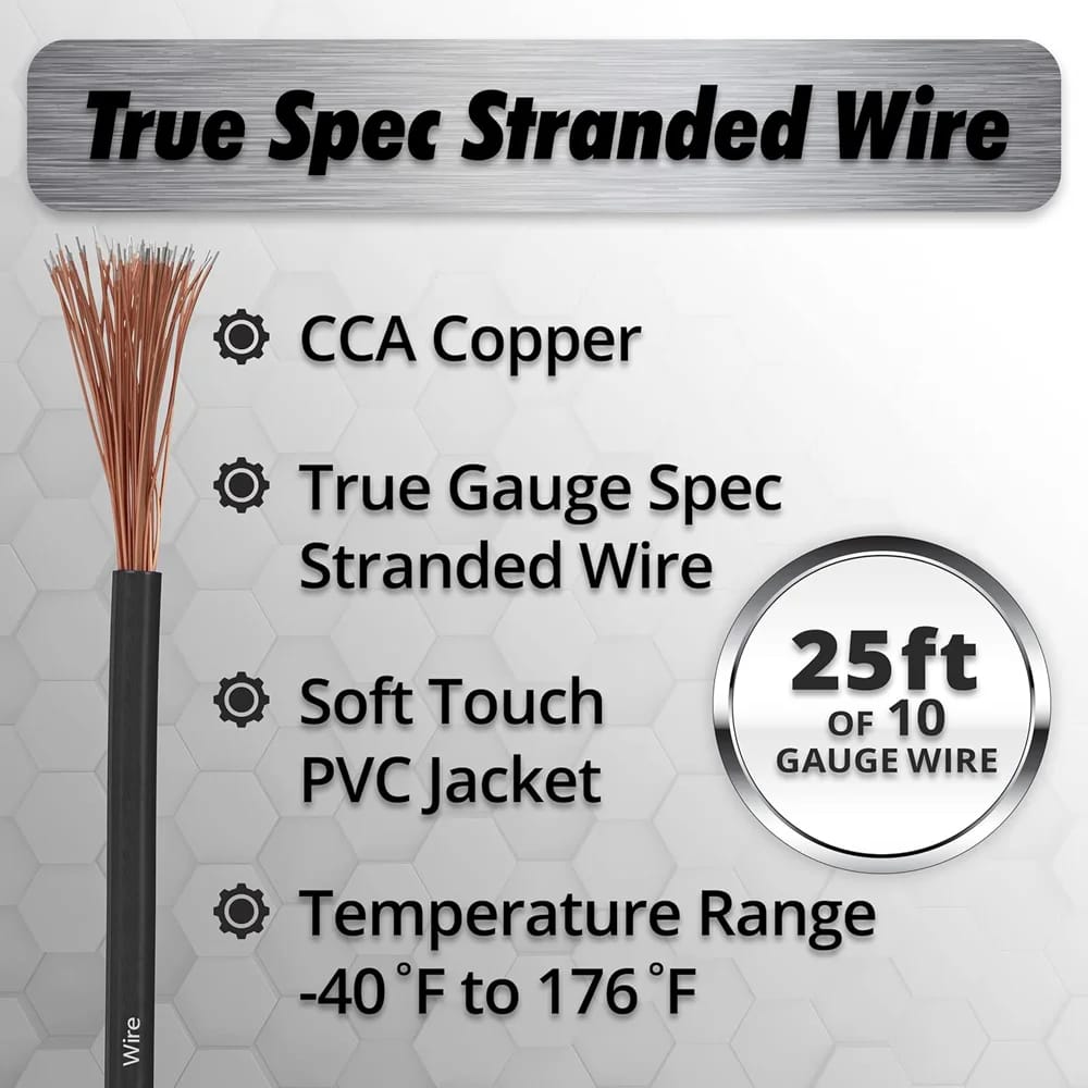 InstallGear 10 Gauge Wire Copper Clad Aluminum Cable, Black, 25 ft