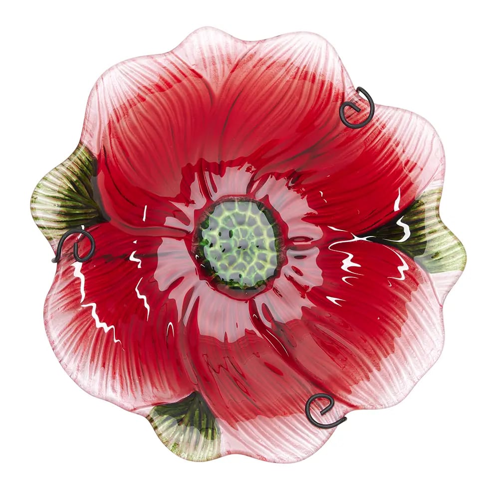 Glass Flower Bird Bath, Red, 12"