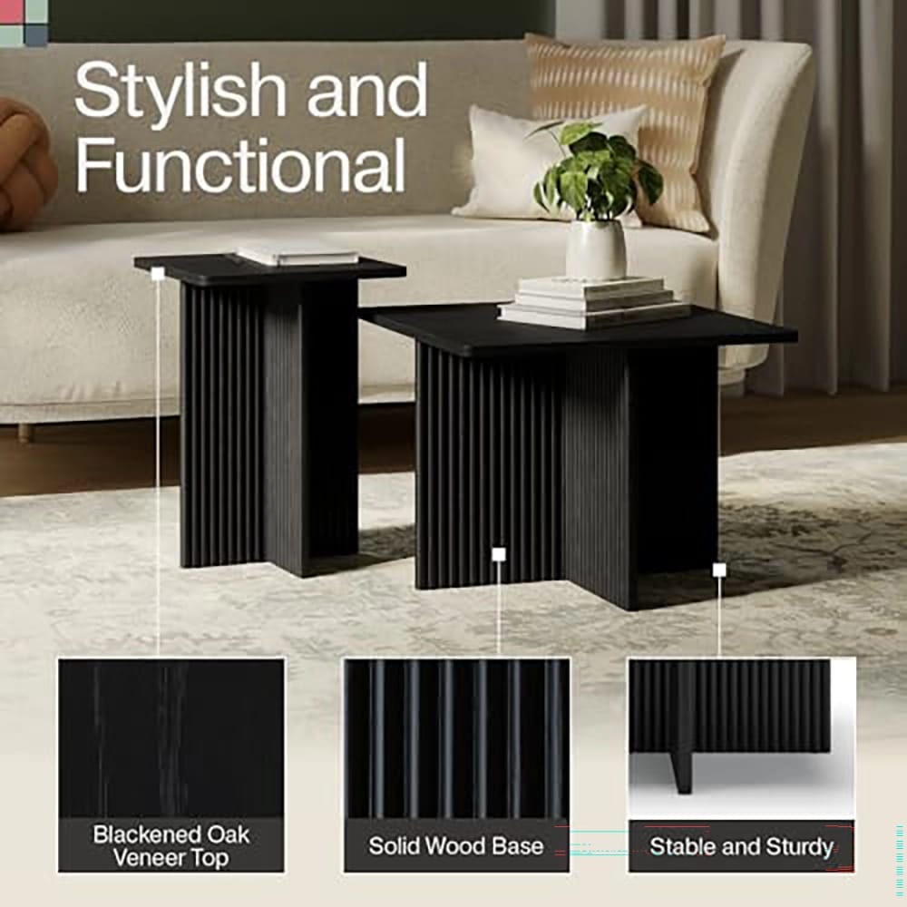 Stead Square Fluted Nesting Coffee Table Set, Black