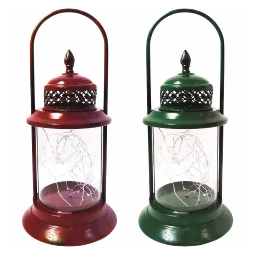 Alpine 15" Antique Lantern with Warm White LED String Lights, Set of 2, Red/Green