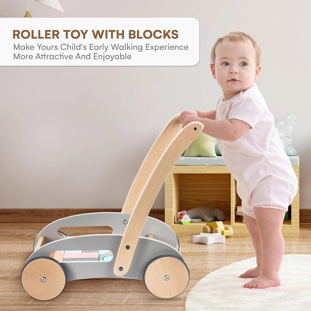 Childlike Behavior Wooden Baby Push Walker with Wheels, Gray