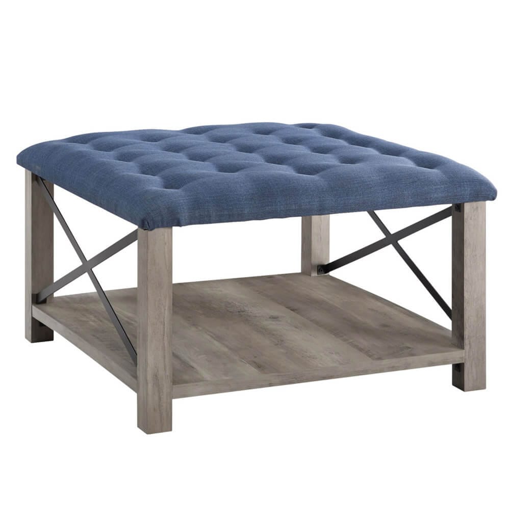 Walker Edison 30" Tufted Farmhouse Ottoman, Blue