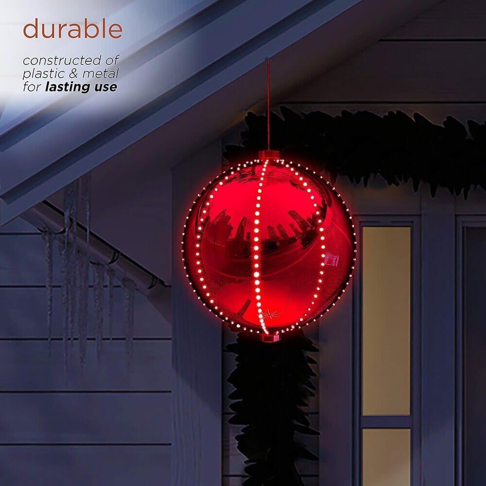 Alpine 13" Large Hanging Christmas Ball Ornament with 240 Warm White Chasing LED Lights & 6 Light Effects, Red