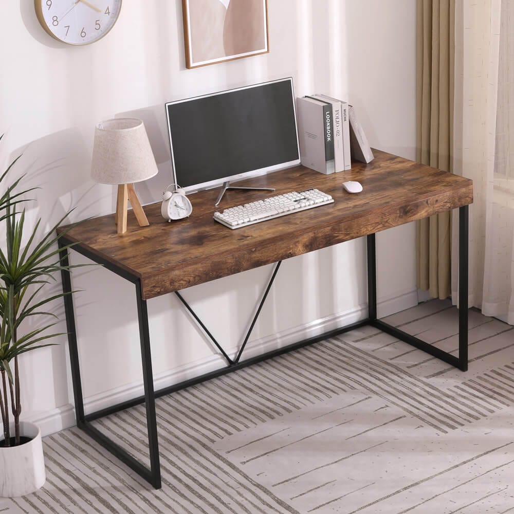 55" Modern Desk with Wooden Top, Rustic Brown/Black