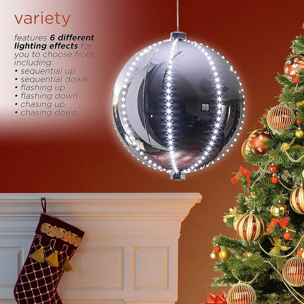 Alpine 13" Large Hanging Christmas Ball Ornament with 240 Warm White Chasing LED Lights & 6 Light Effects, Silver