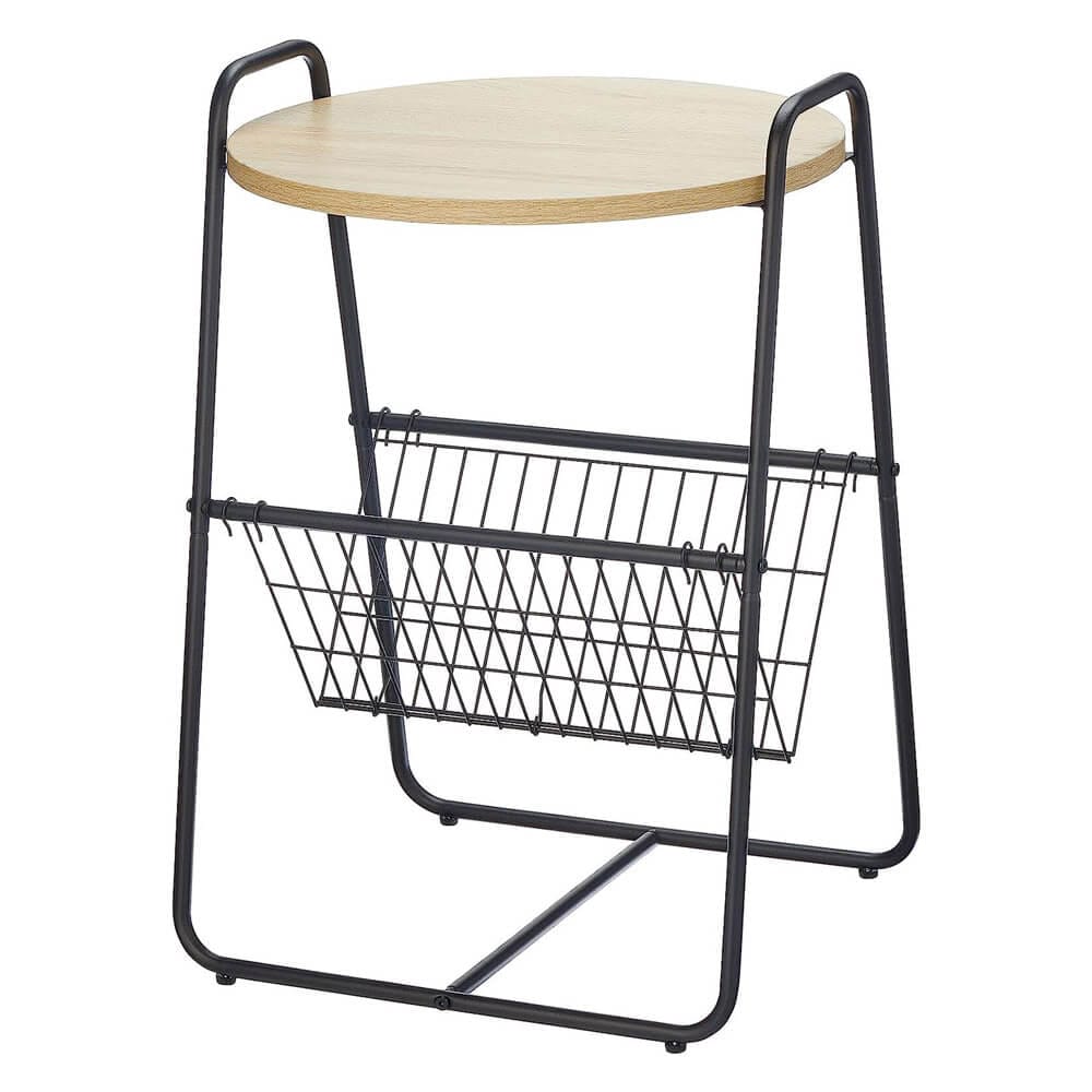 mDesign Industrial Round Side Table with Wire Storage Basket, Black/Natural