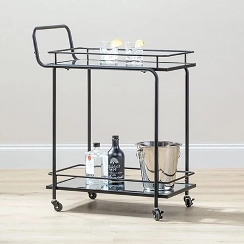 mDesign Metal Rectangle Rolling Bar Cart with Glass Shelves, Black