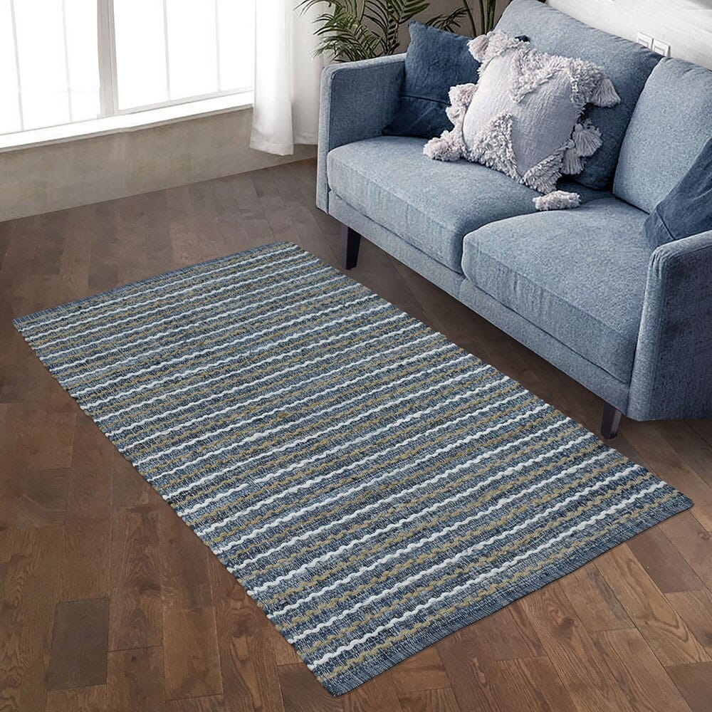 Handwoven 5' x 8' Denim and Jute Area Rug with Non-Skid Backing