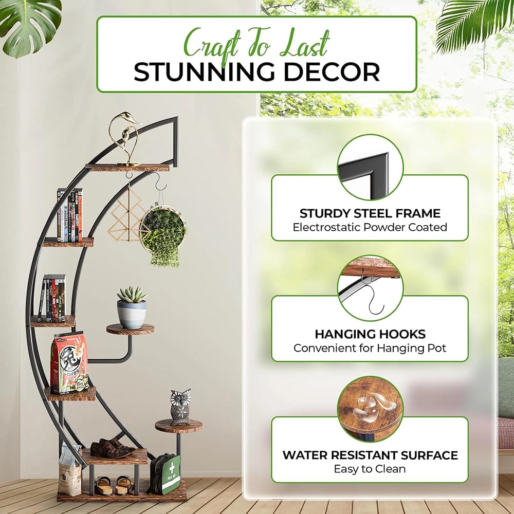 Idzo 6-Tier 9-Potted Steel Wood Plant Stand With Hanger, Brown