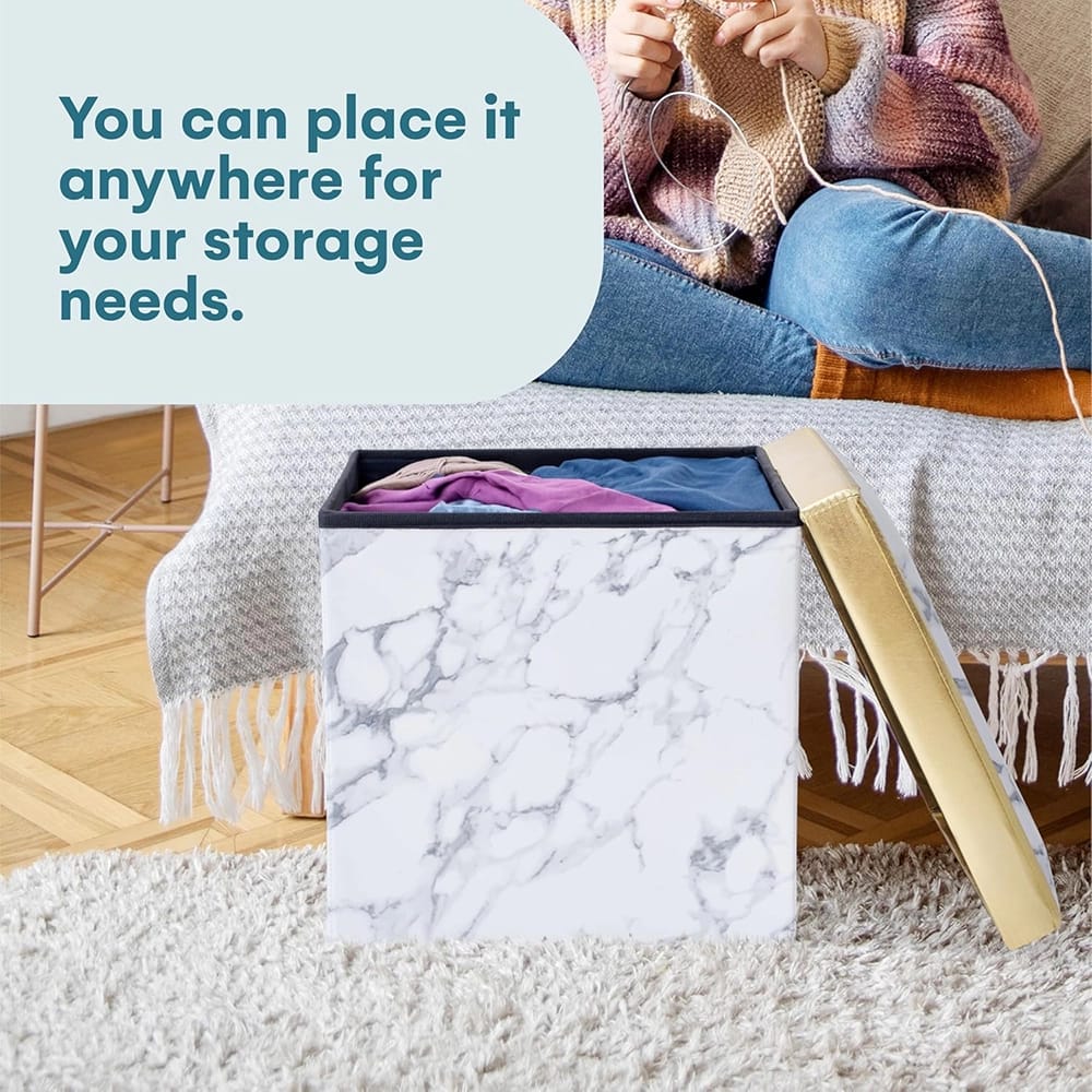 Storage Cube Stool, White Marble/ Gold