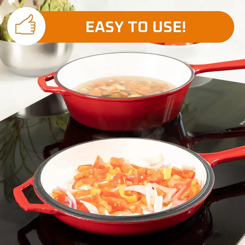Bruntmor Enameled 3-Quart 2-in-1 Cast Iron Multi-Cooker, Red