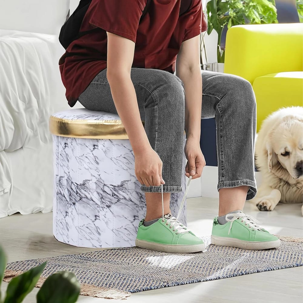 Round Footstool with Storage, White Marble