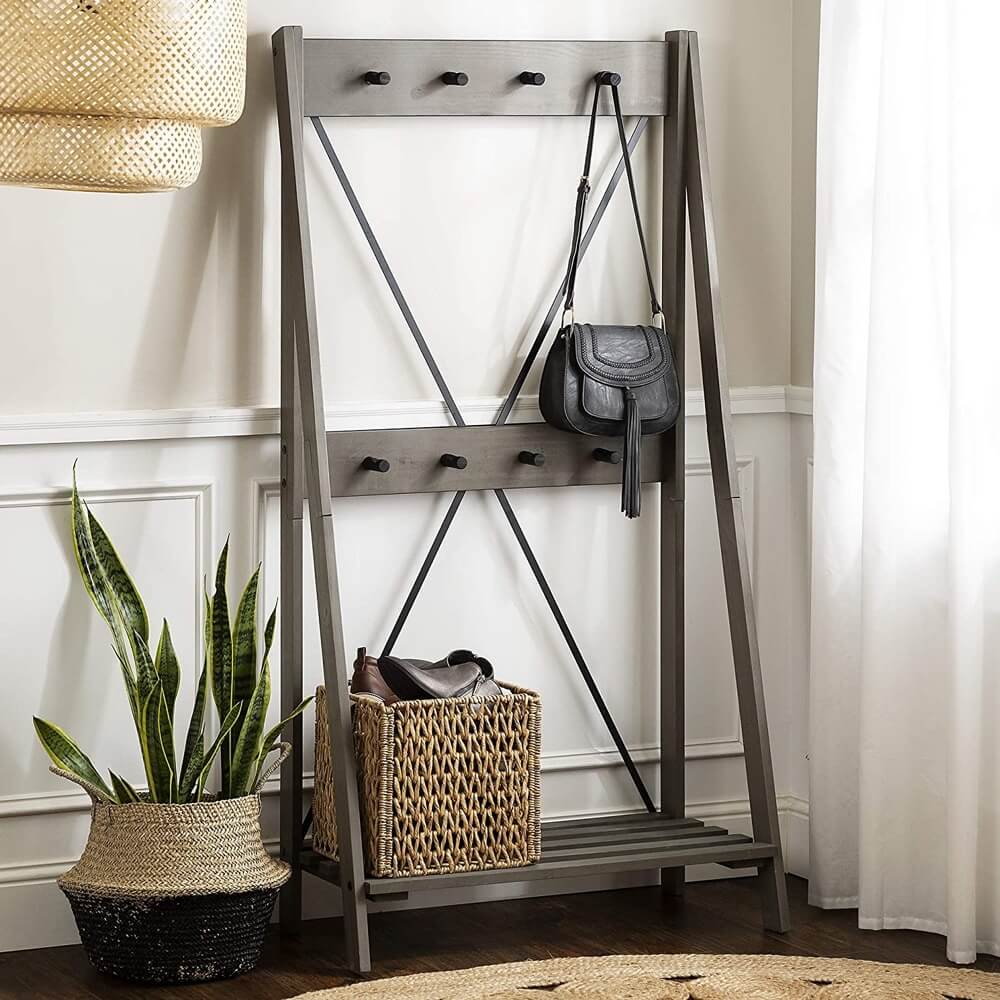 Walker Edison X-Back Farmhouse Entryway Hall Tree Bench and Shoe Storage Shelf, Gray