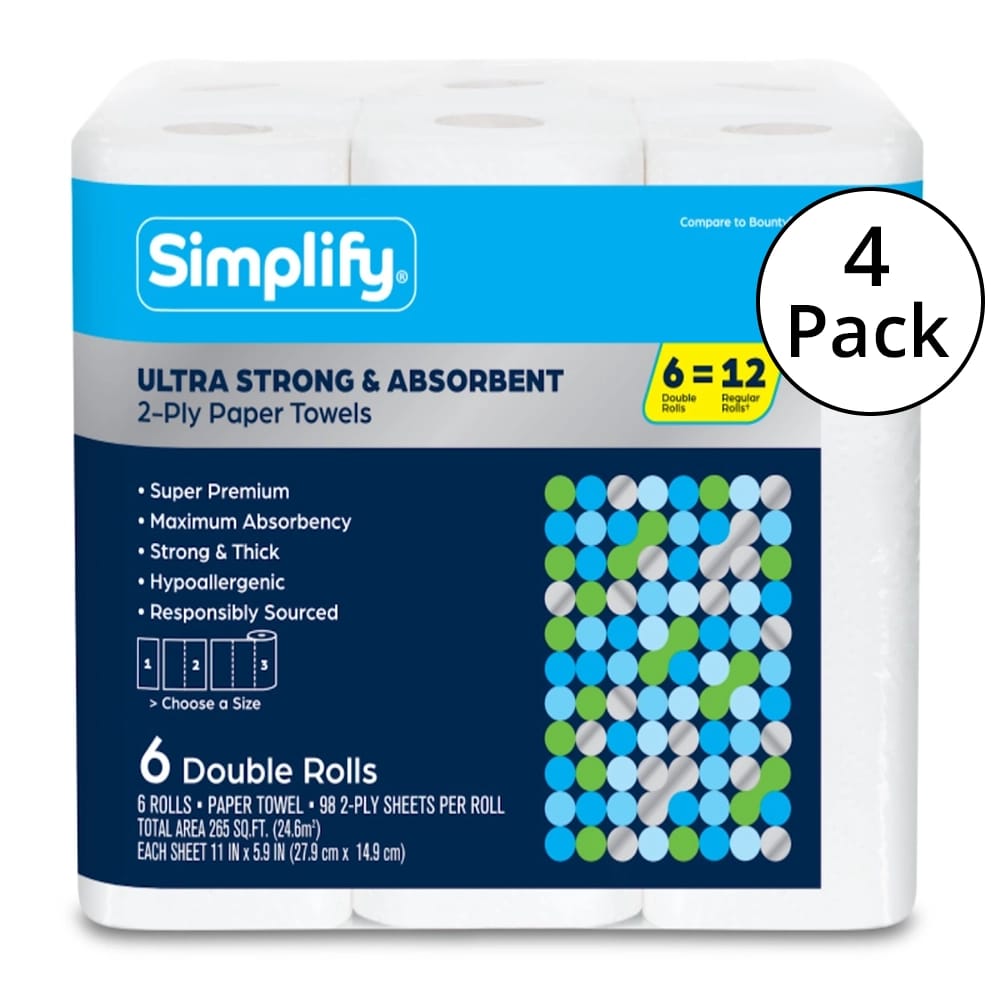 Simplify Ultra Strong & Absorbent 2-Ply Paper Towels, 6 Rolls, 4 Pack