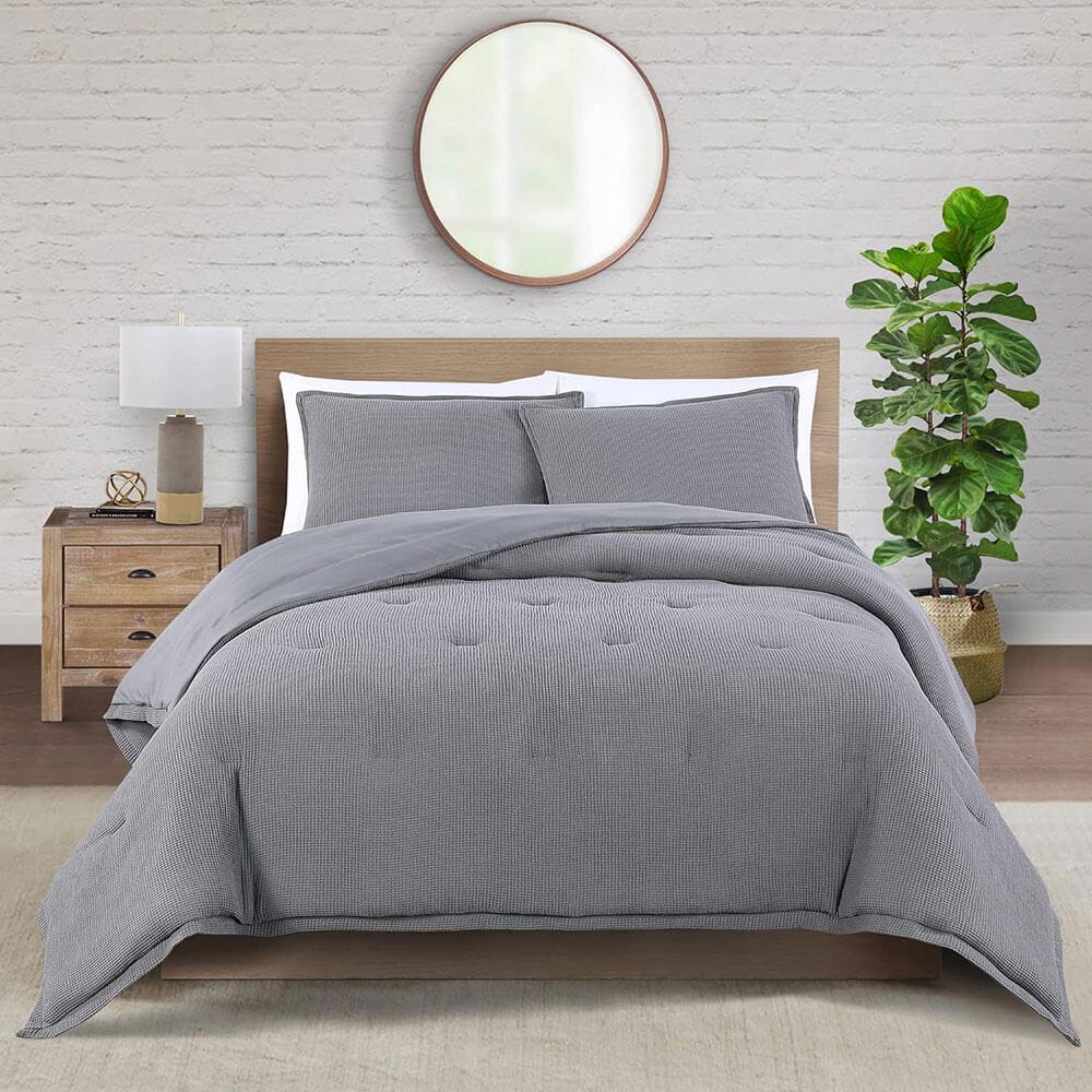 WellBeing by Sunham Waffle Weave 3-Piece Comforter Set, King, Charcoal