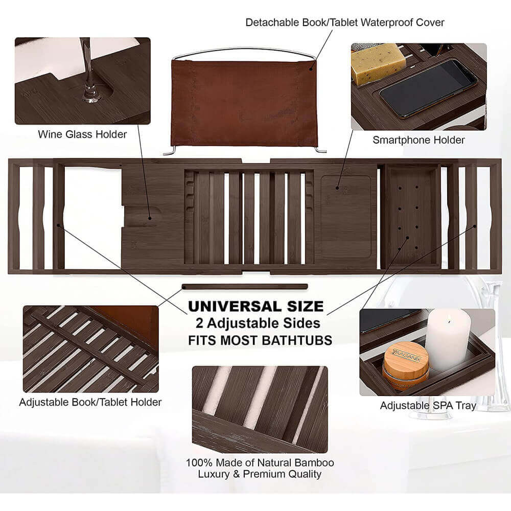 Homemaid Living Luxury Expandable Bamboo Bathtub Tray, Brown