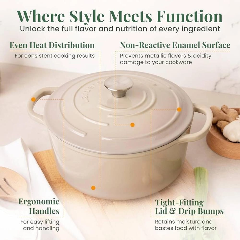 Larder & Vine 5.7 Qt Enameled Cast Iron Dutch Oven with Lid, Stone