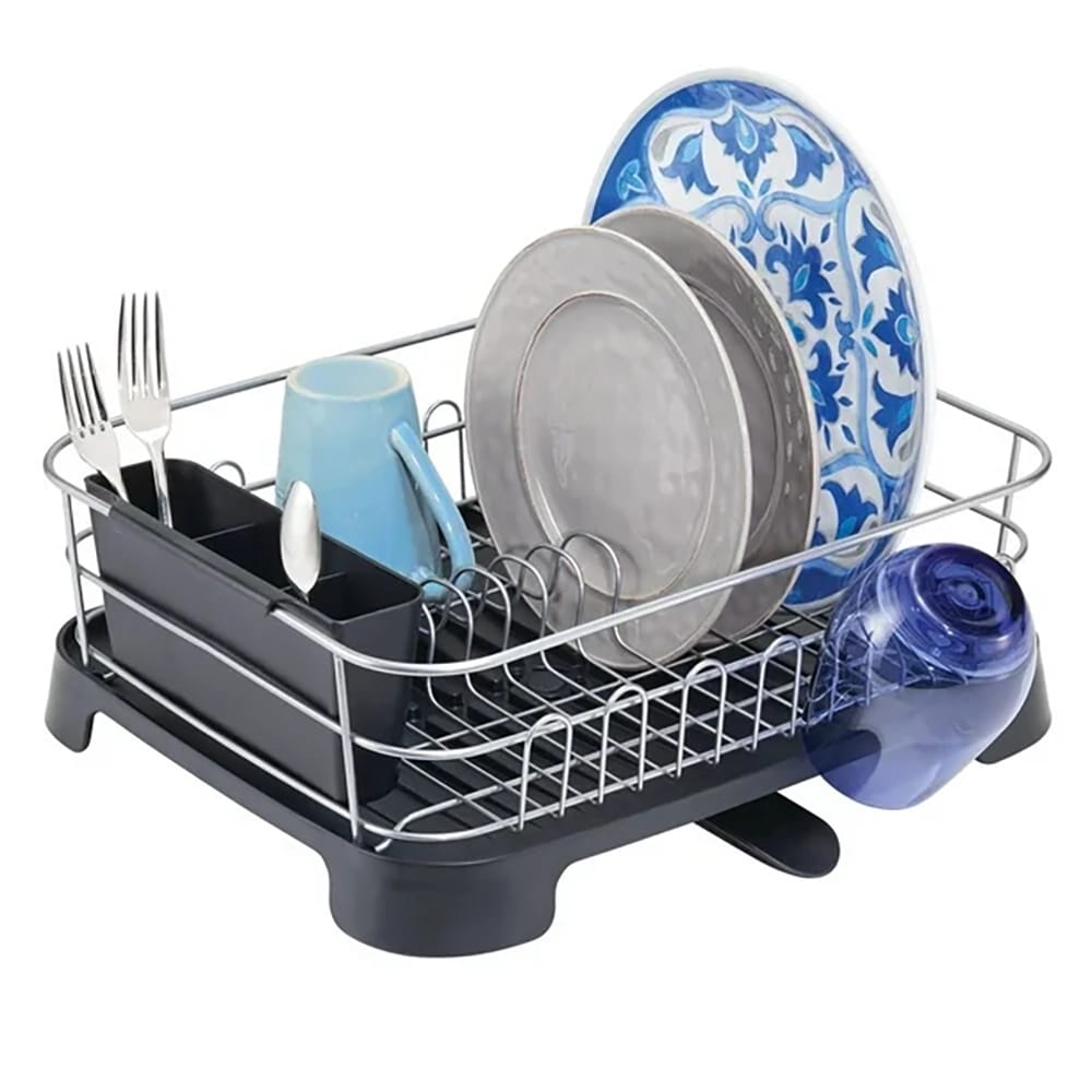 mDesign Dish Drying Rack Holder with Swivel Spout, Silver/Black