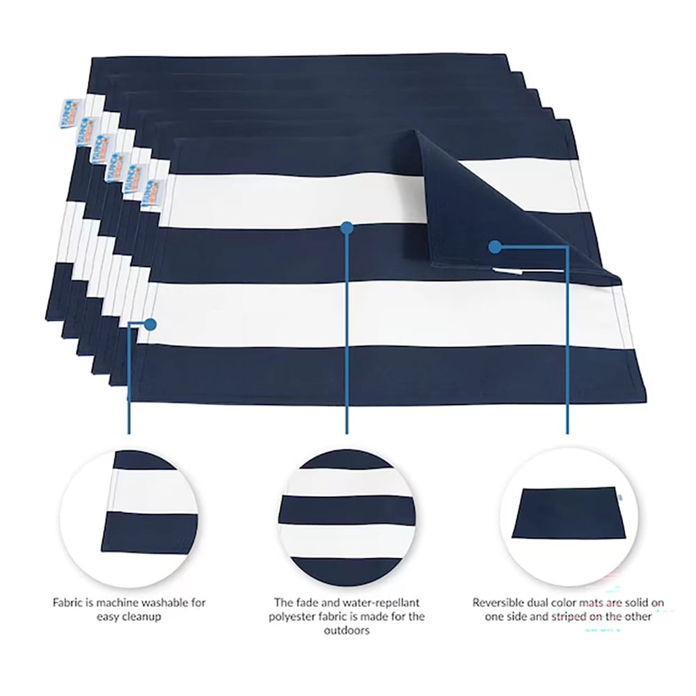 Island Retreat Striped Polyester Rectangle Placemats, Navy/White, 6 Pack