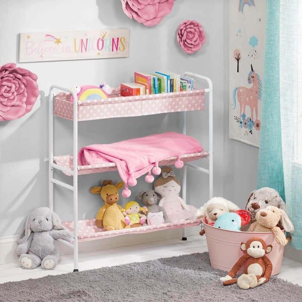 mDesign 3-Tier Kids Toy Box Storage Cart, Pink/White Polka Dot