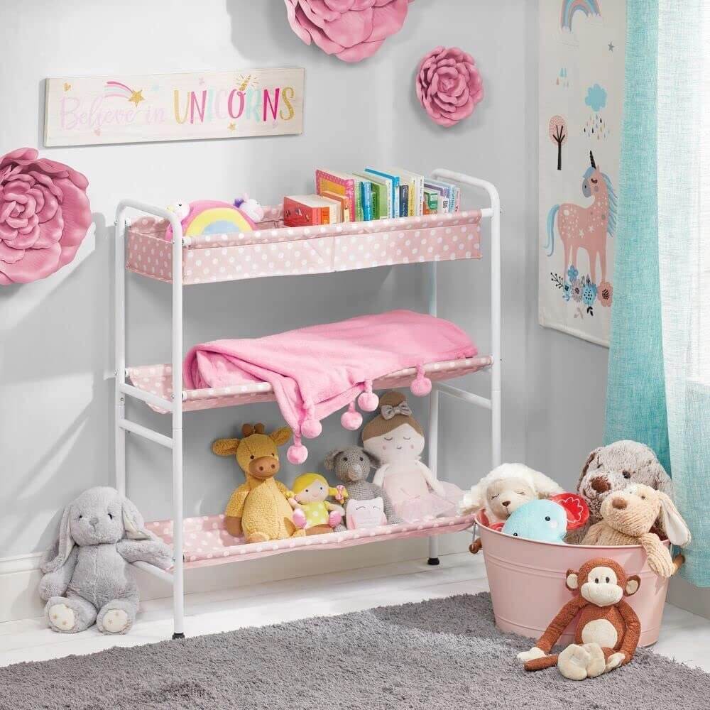 mDesign 3-Tier Kids Toy Box Storage Cart, Pink/White Polka Dot